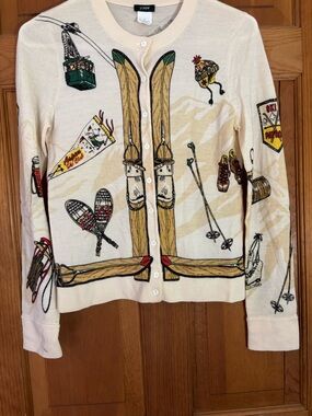 J.Crew Ski Motif Cardigan Merino Wool Beige Green Small